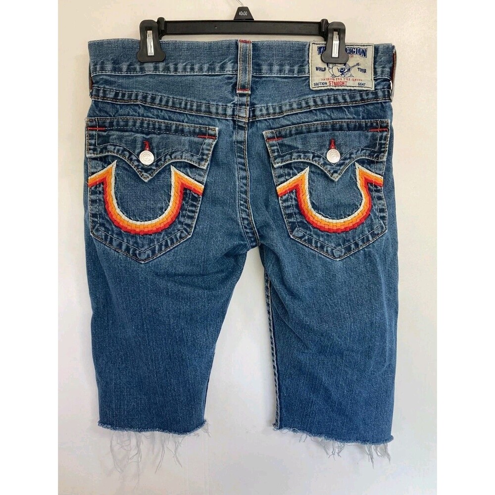 True Religion Jeans Cut Off Shorts Mens 32 Denim Fray Hem Jorts Blue - Picture 6 of 11